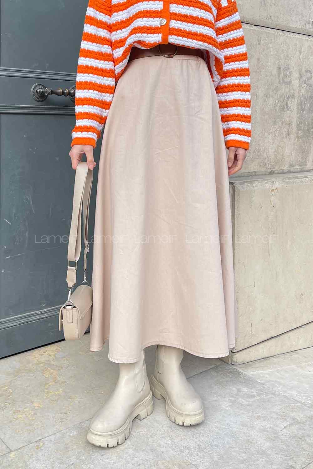 Stone Gabardin Unprinted Flare Skirt