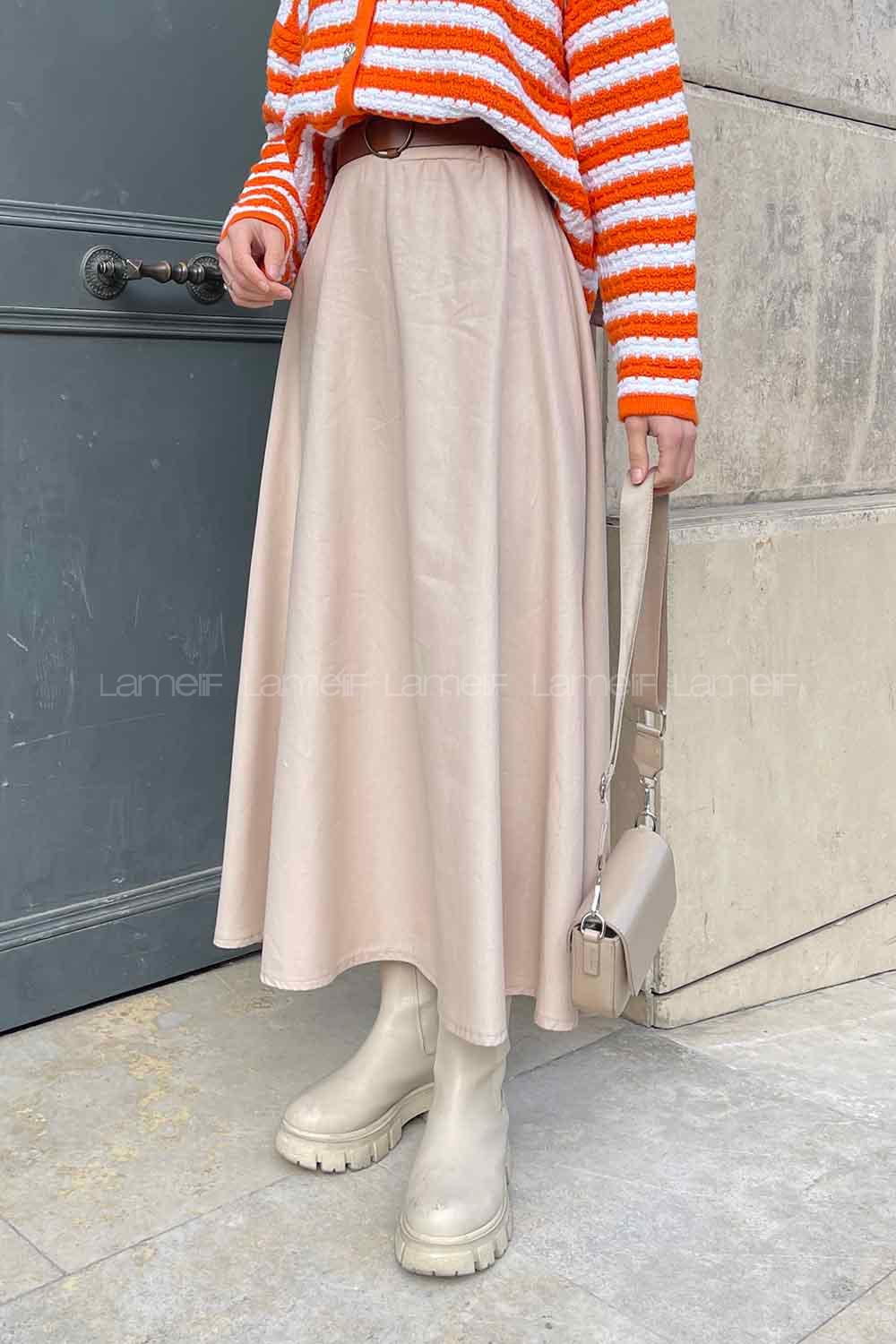 Stone Gabardin Unprinted Flare Skirt