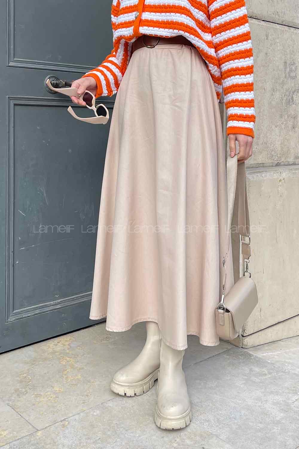 Stone Gabardin Unprinted Flare Skirt