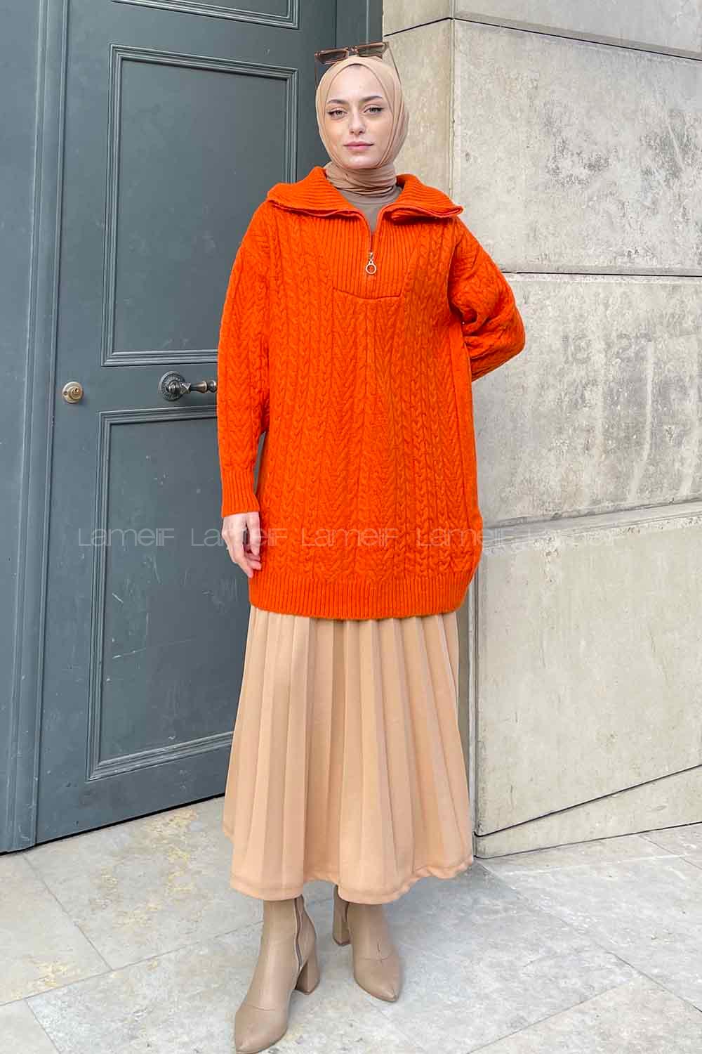 Lamelif Yarım Fermuar Detaylı Tunik Turuncu