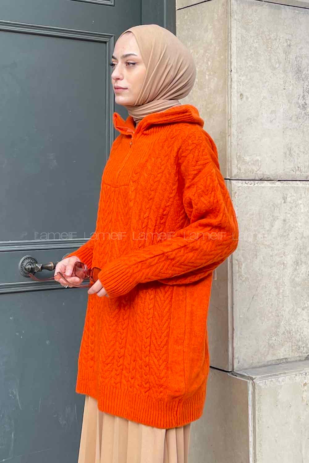 Lamelif Yarım Fermuar Detaylı Tunik Turuncu