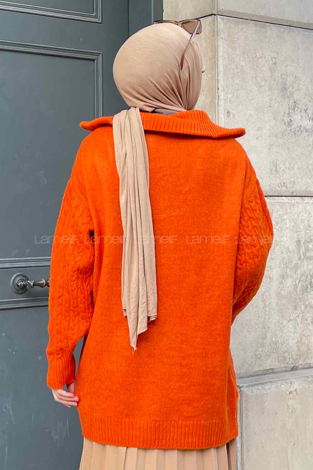 Lamelif Yarım Fermuar Detaylı Tunik Turuncu