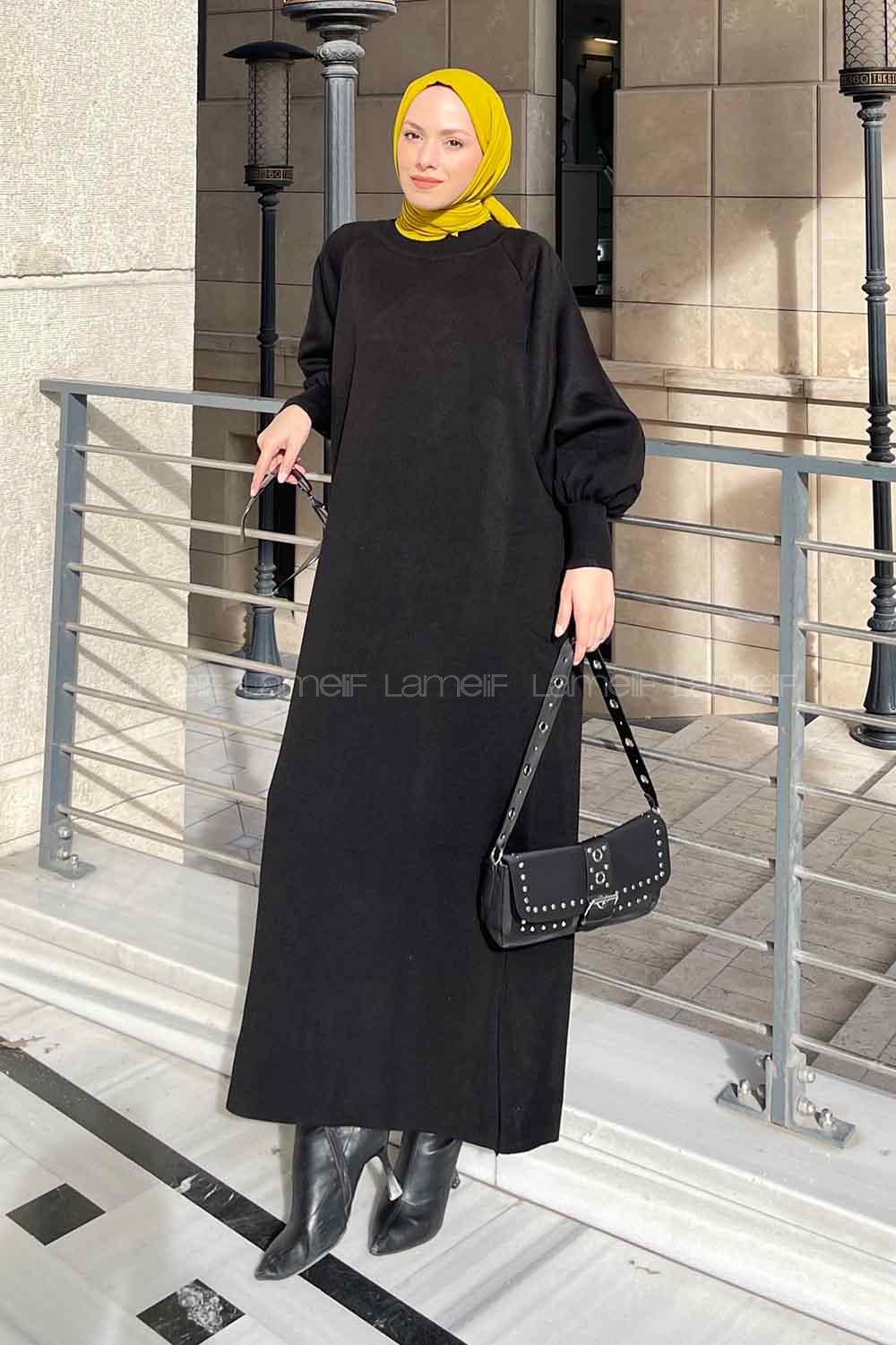 Lamelif Balon Kol Triko Elbise Siyah