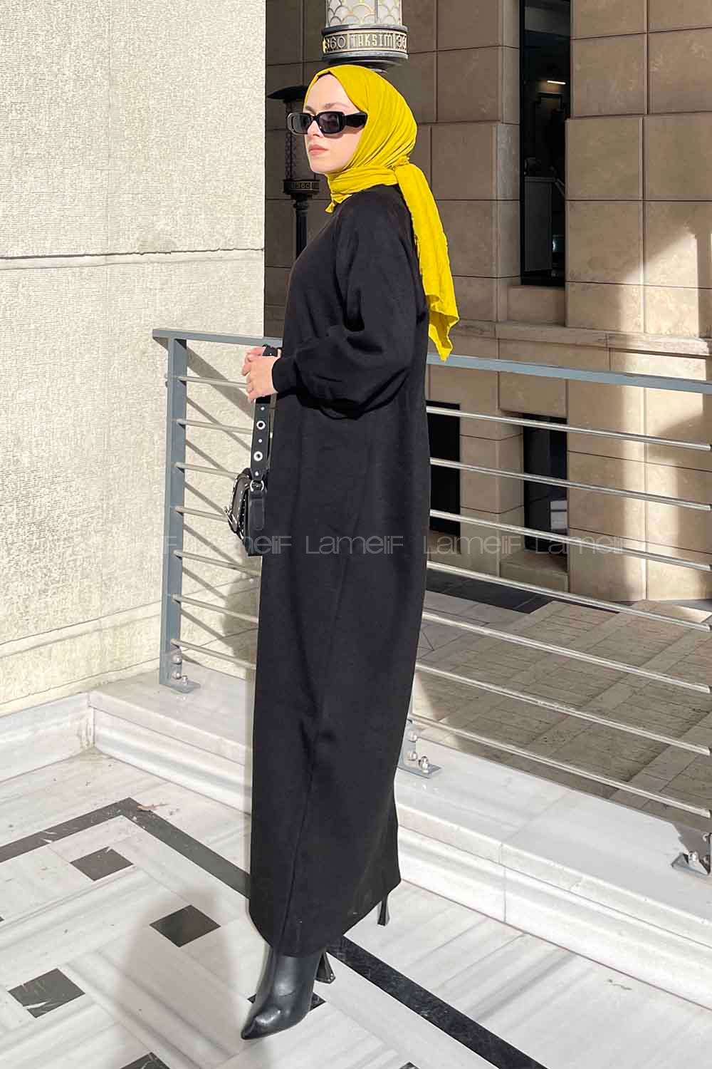 Lamelif Balon Kol Triko Elbise Siyah