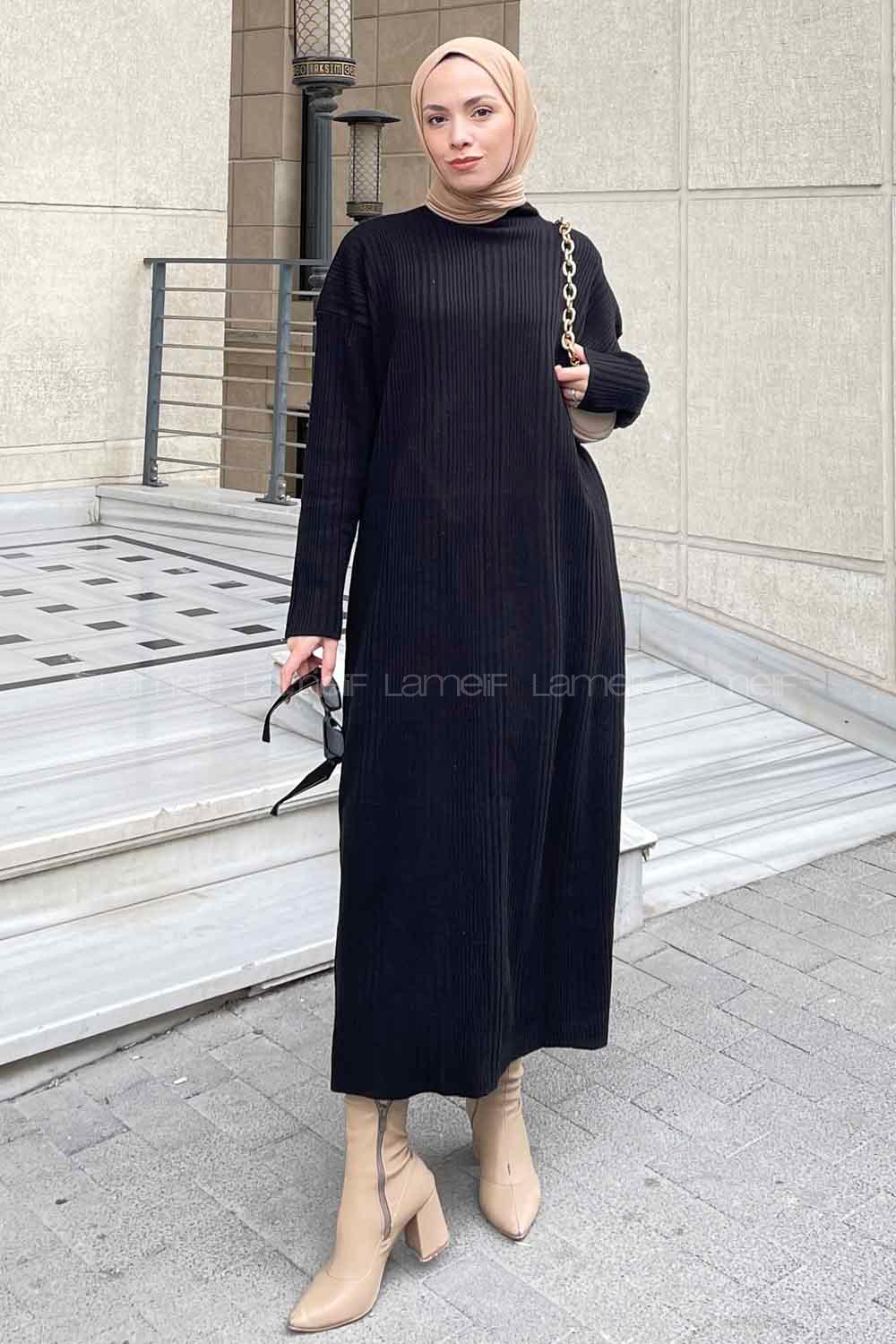 Lamelif Fitilli Boydan Elbise Siyah