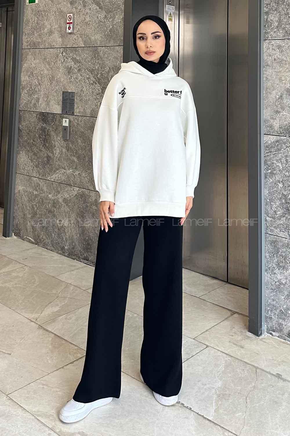 Lamelif   Dikiş Ve Yazı  Baskı Detaylı Sweatshirt Ekru