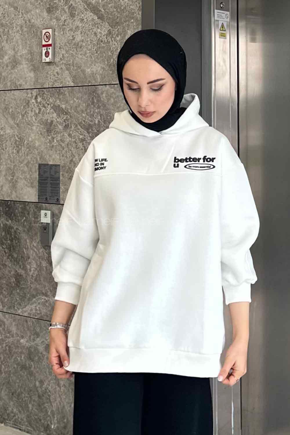 Lamelif   Dikiş Ve Yazı  Baskı Detaylı Sweatshirt Ekru