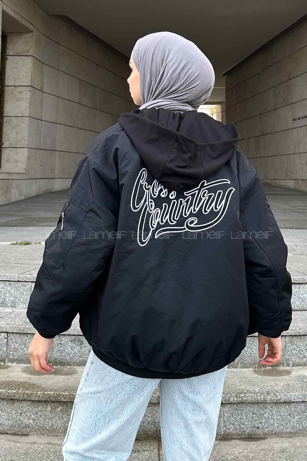 Black Zippered Neck Long Arm Coat