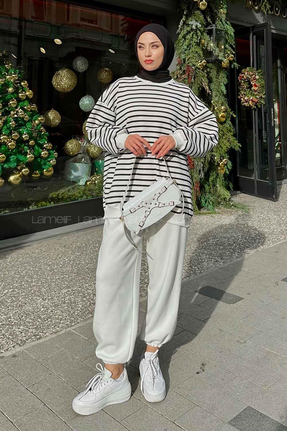 Lamelif Bisiklet Yaka Çizgili Sweatshirt Siyah