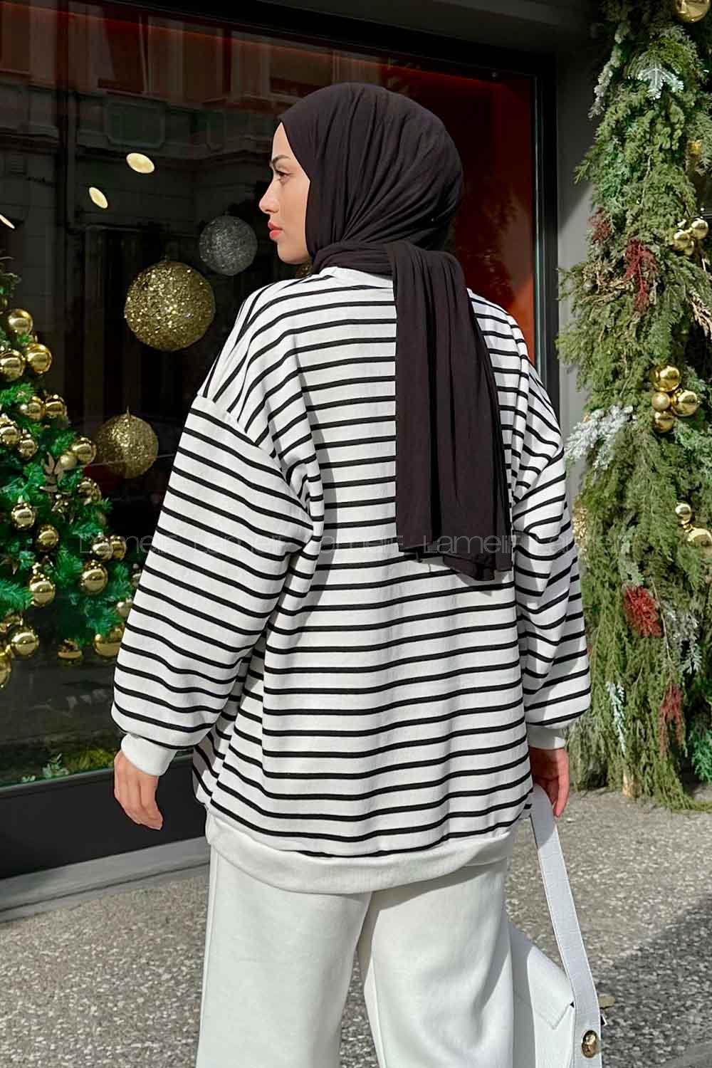 Lamelif Bisiklet Yaka Çizgili Sweatshirt Siyah