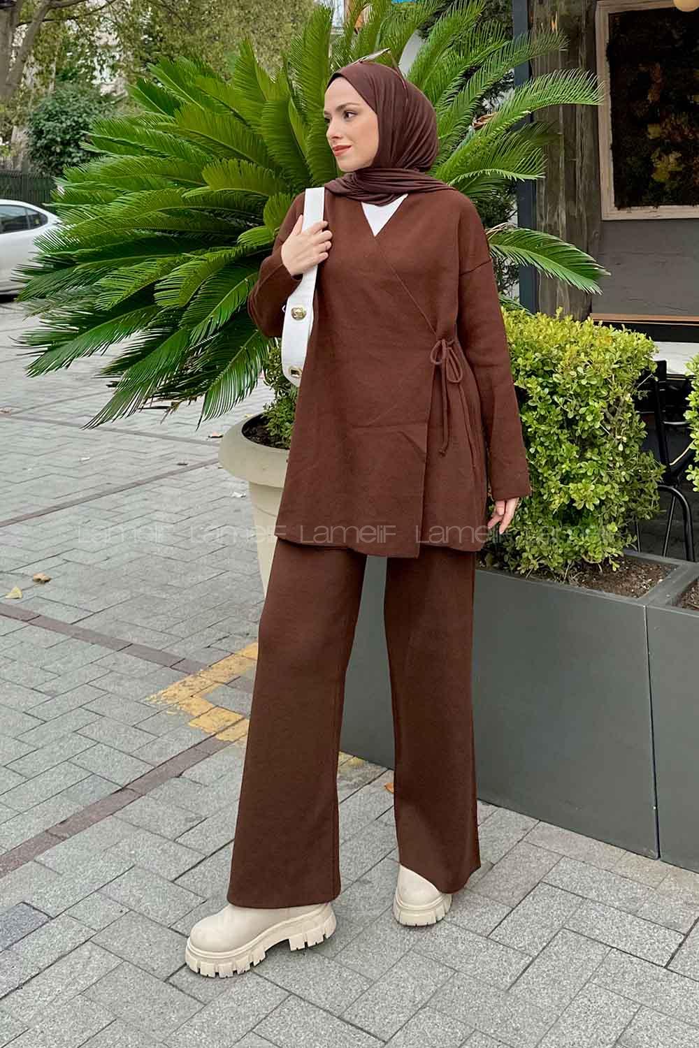 Brown Scarf Neck Knitwear Regular Trousers Comfortable Suit
