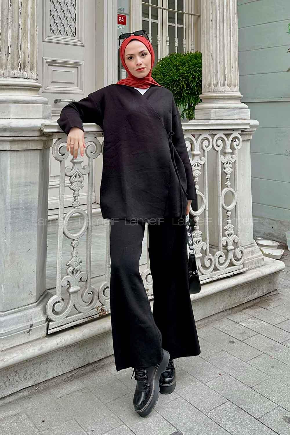 Black Scarf Neck Knitwear Regular Trousers Comfortable Suit