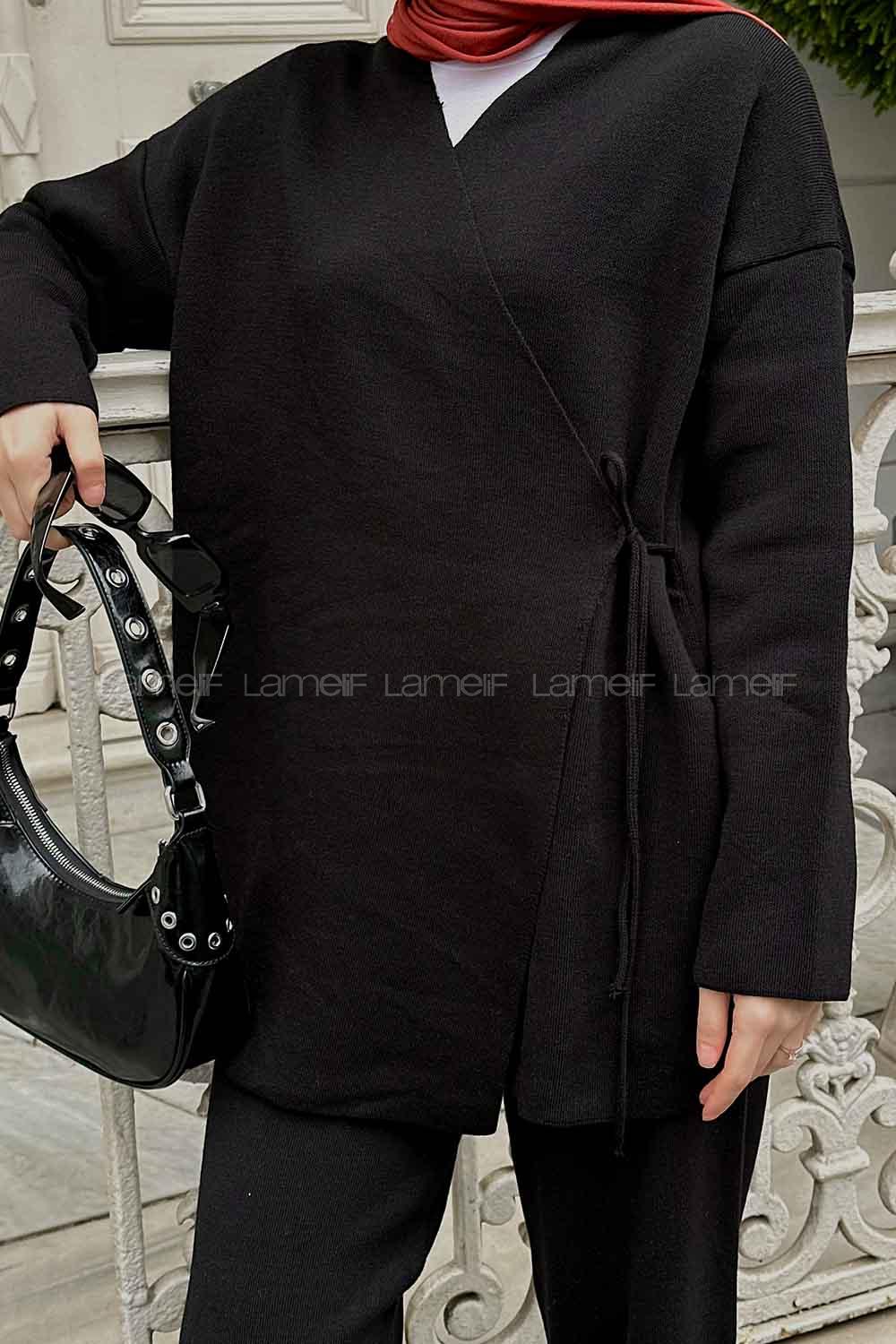 Black Scarf Neck Knitwear Regular Trousers Comfortable Suit