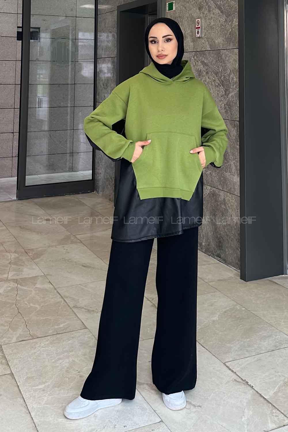 Lamelif Deri Detaylı Sweatshirt Çimen Yeşili