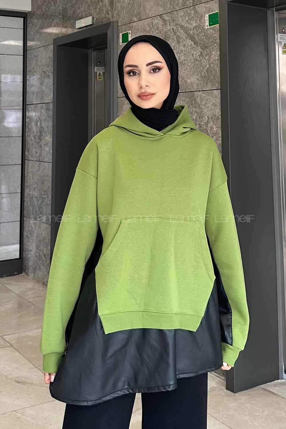Lamelif Deri Detaylı Sweatshirt Çimen Yeşili