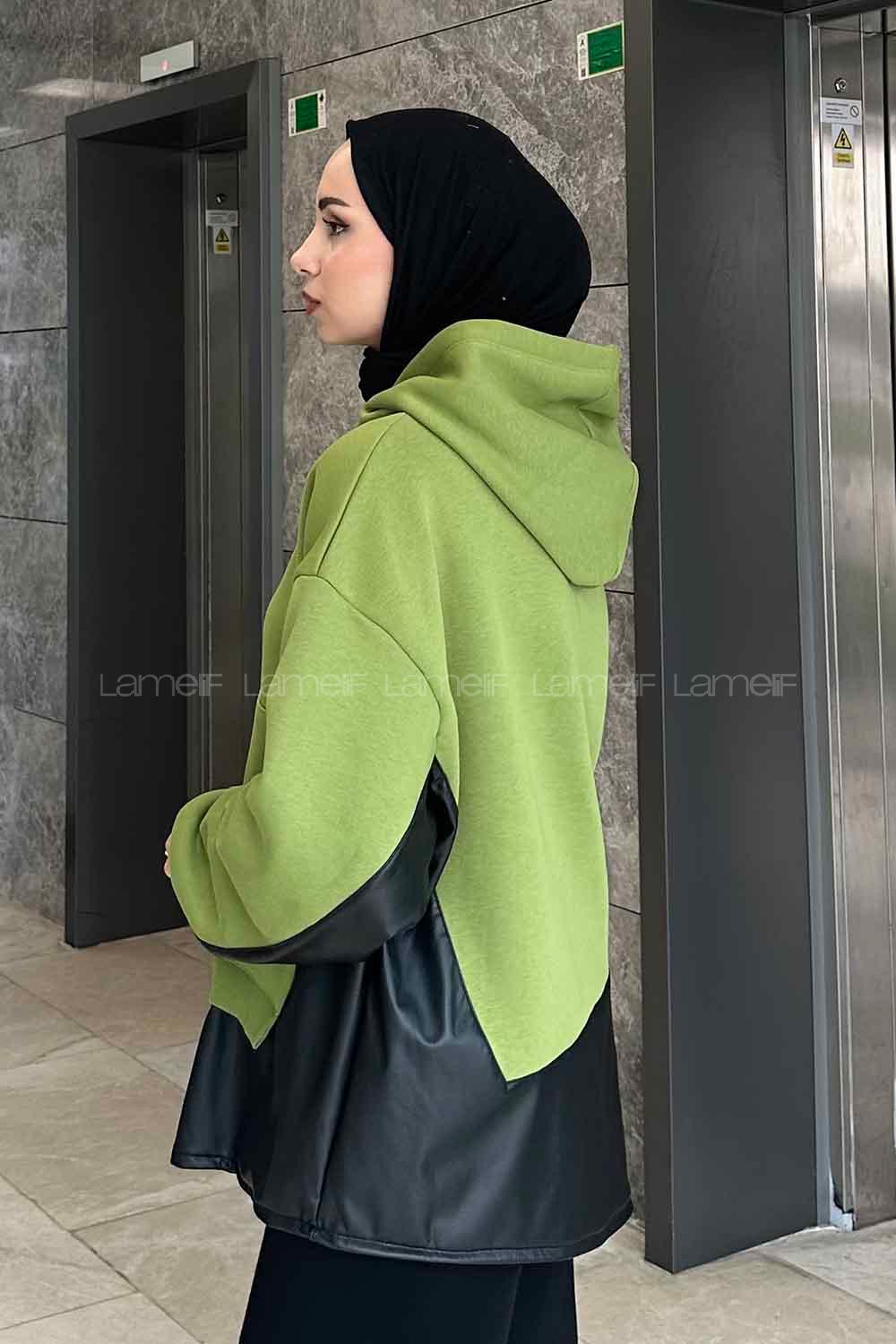 Lamelif Deri Detaylı Sweatshirt Çimen Yeşili
