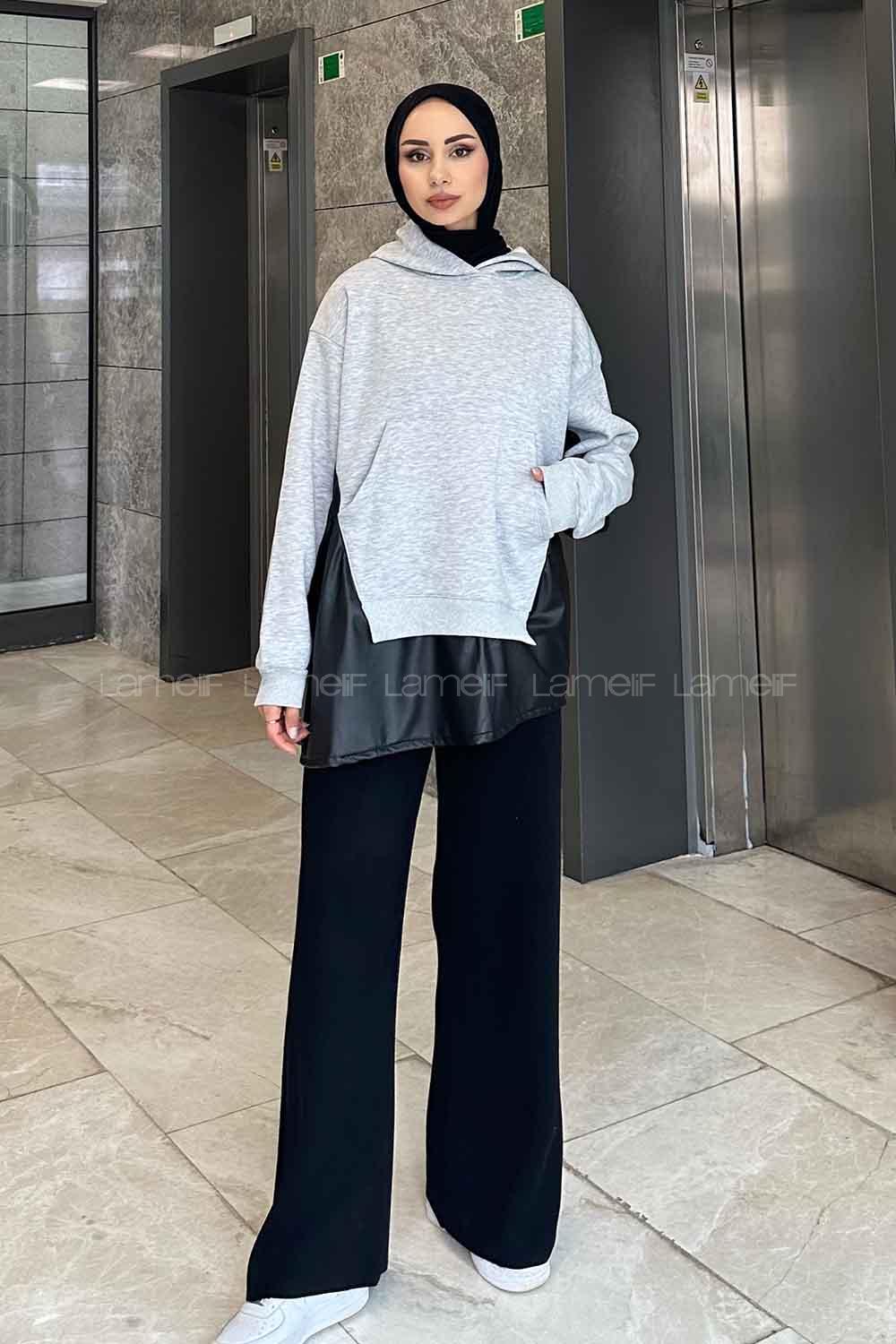 Lamelif Deri Detaylı Sweatshirt Gri