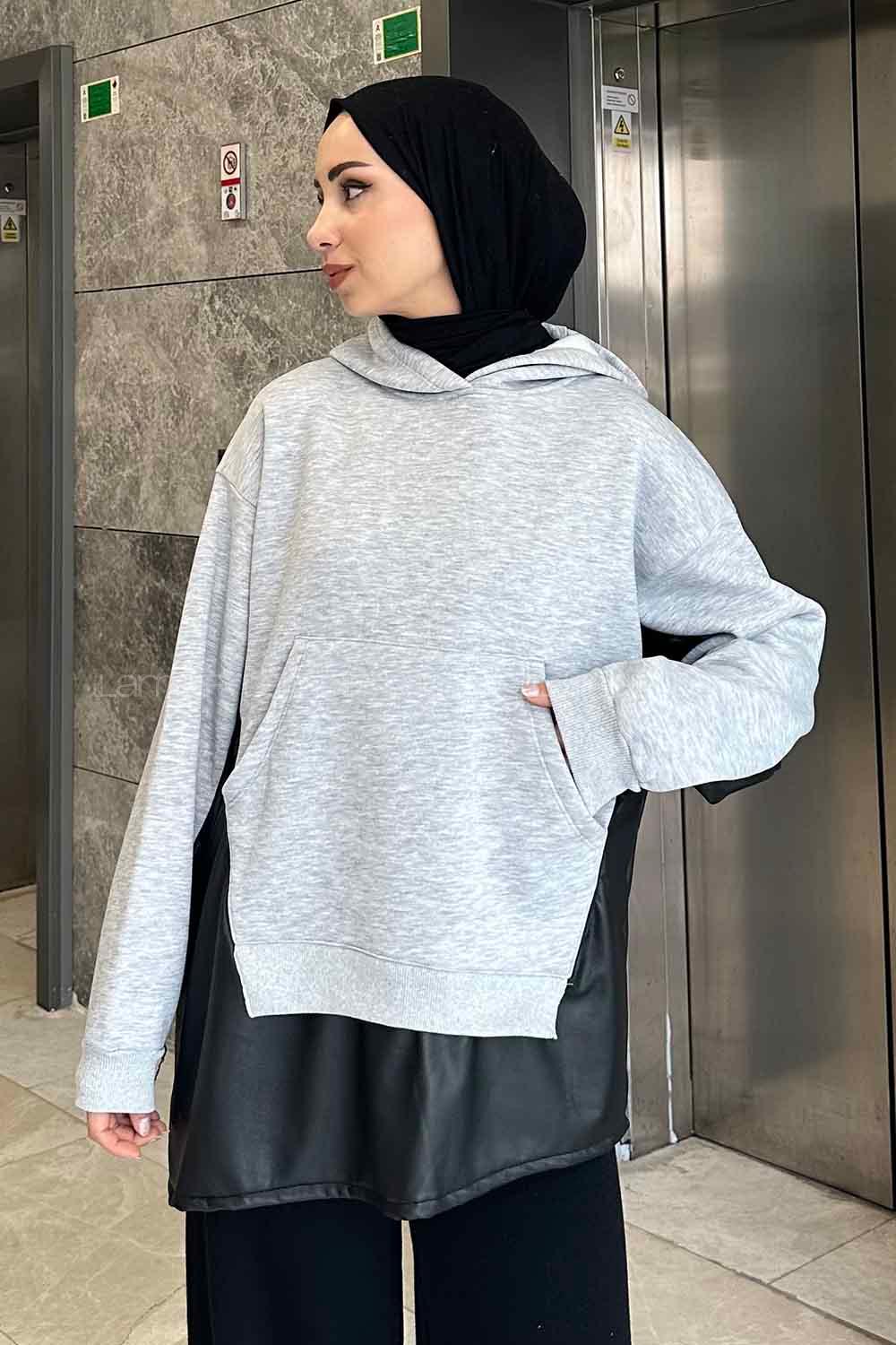 Lamelif Deri Detaylı Sweatshirt Gri