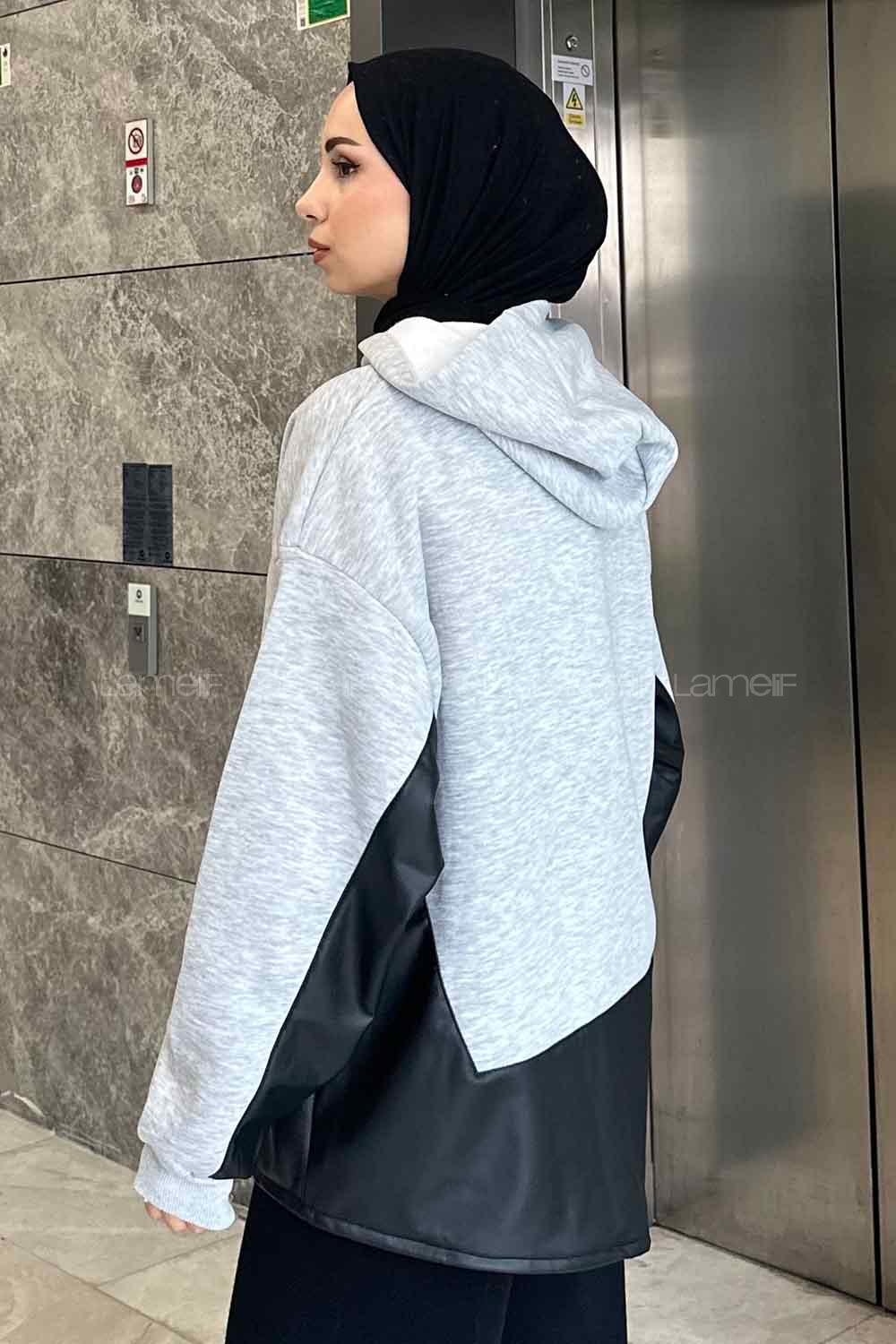 Lamelif Deri Detaylı Sweatshirt Gri