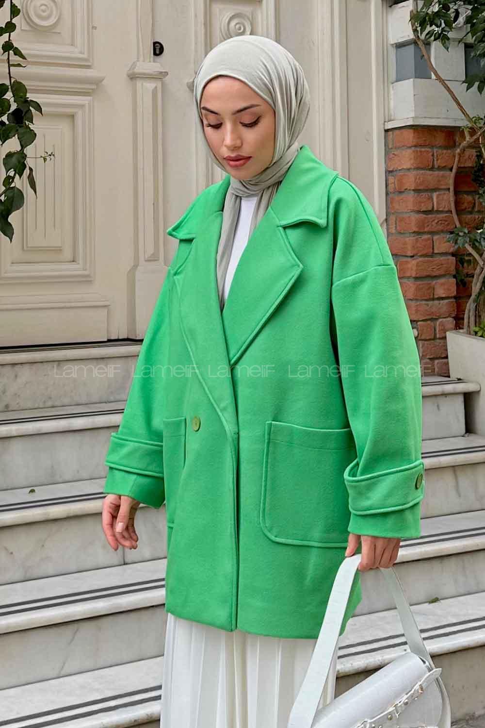 Grassgreen V Neck Long Arm Poplin Fabric Elastan Coat