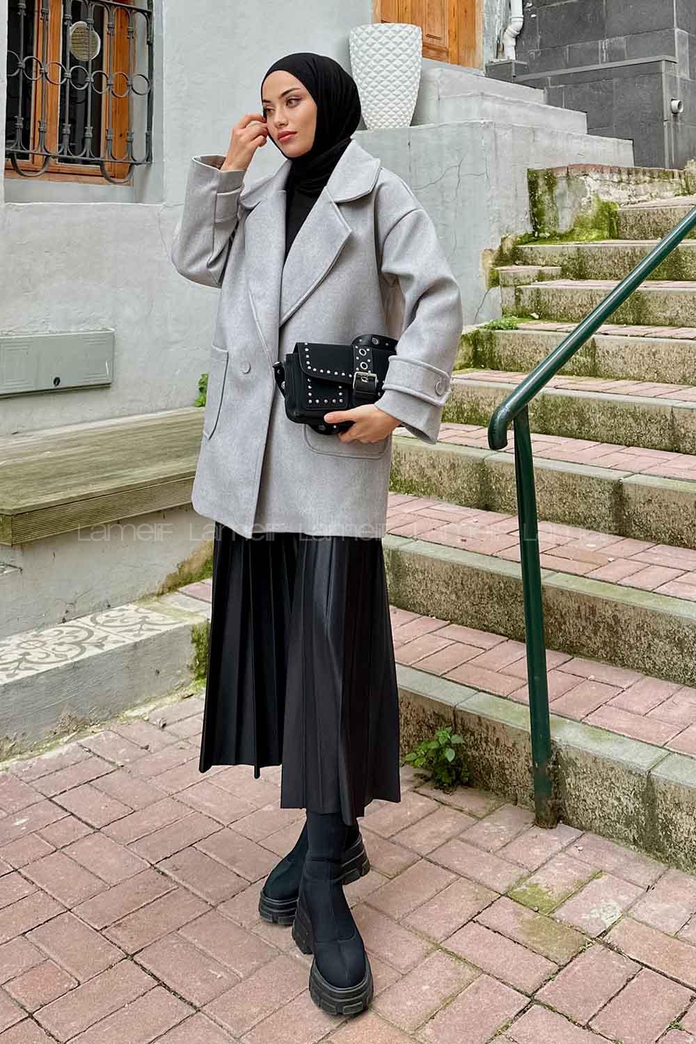 Lamelif Düşük Kol Kaban Gri