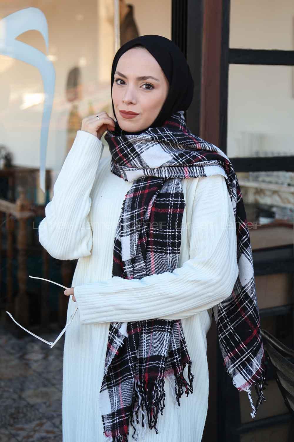 Lamelif Ekose Desen Omuz Şal Siyah-Kırmızı