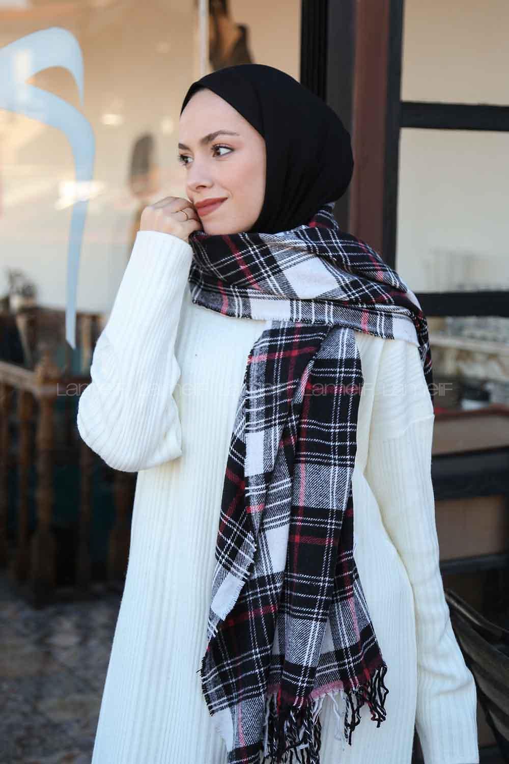 Lamelif Ekose Desen Omuz Şal Siyah-Kırmızı