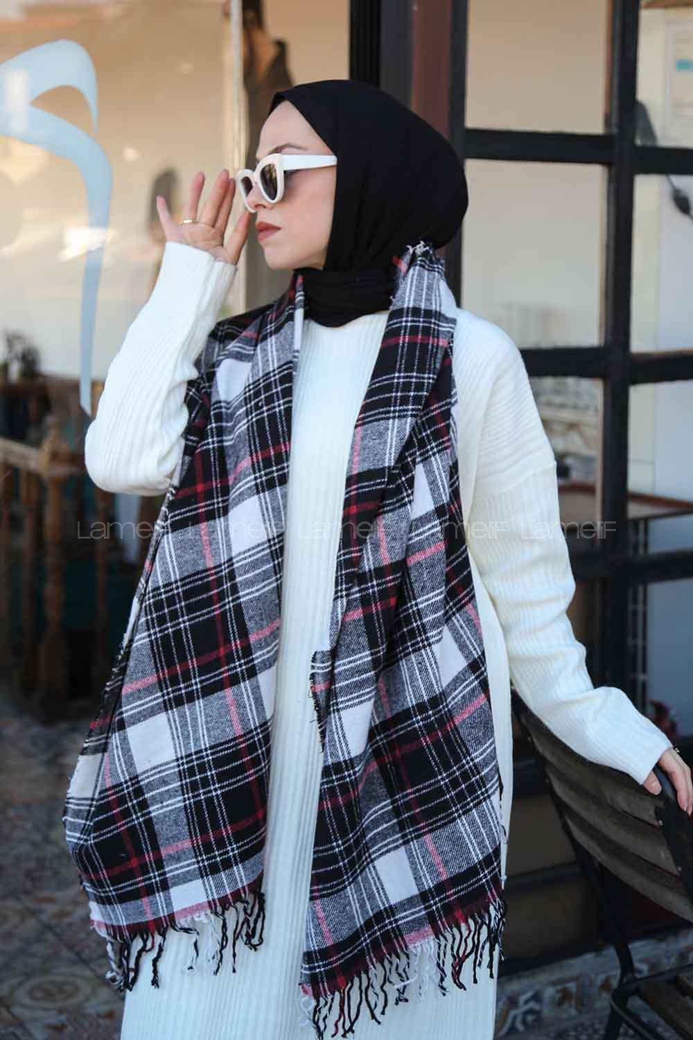 Lamelif Ekose Desen Omuz Şal Siyah-Kırmızı