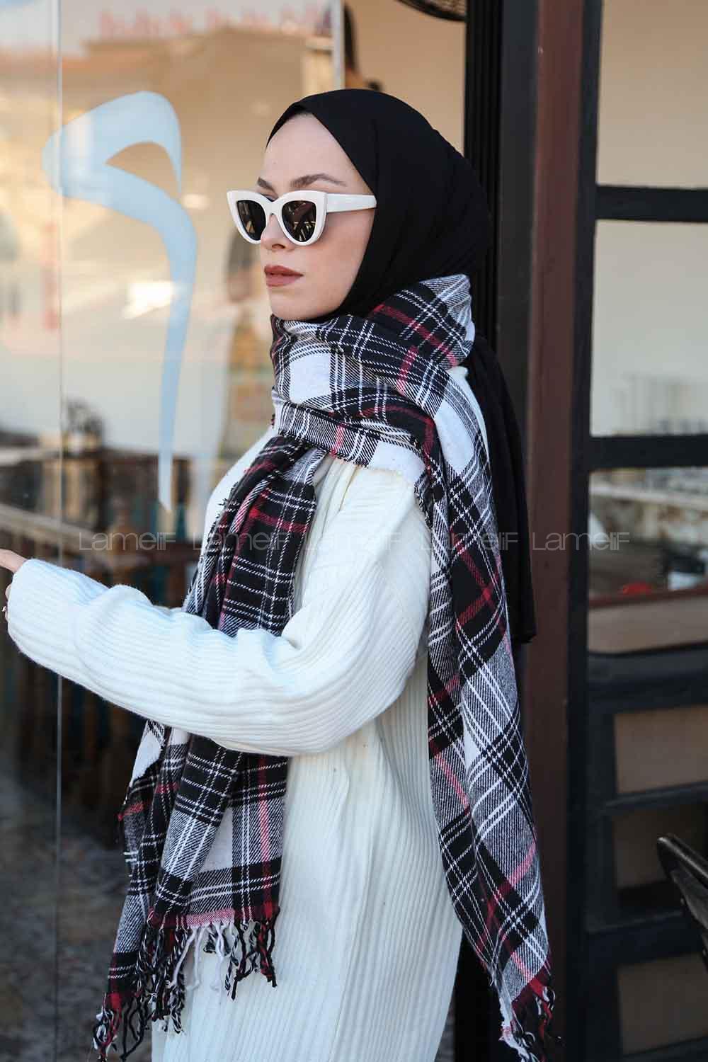 Lamelif Ekose Desen Omuz Şal Siyah-Kırmızı