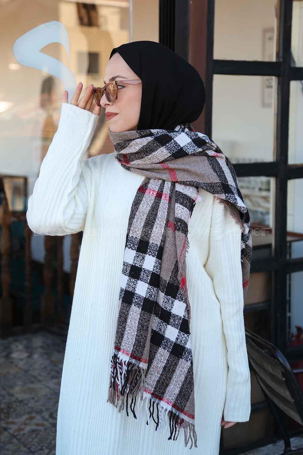 Lamelif Ekose Desen Omuz Şal Soft Kahve