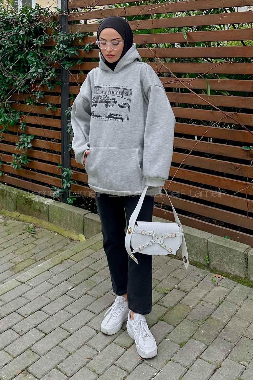 Lamelif Everlastıng Baskılı Sweatshirt Gri