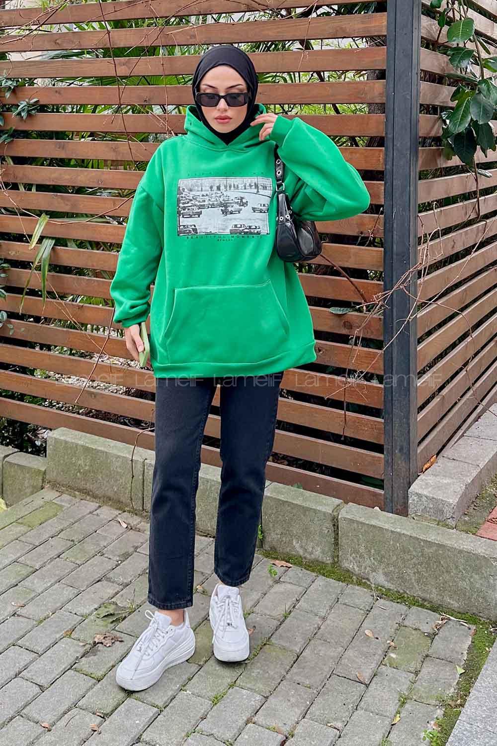 Lamelif Everlastıng Baskılı Sweatshirt Yeşil