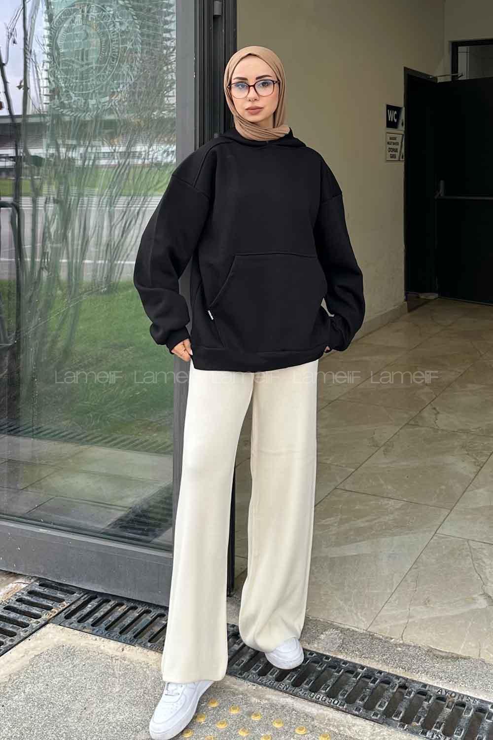 Lamelif Kapüşonlu Sweatshirt Siyah