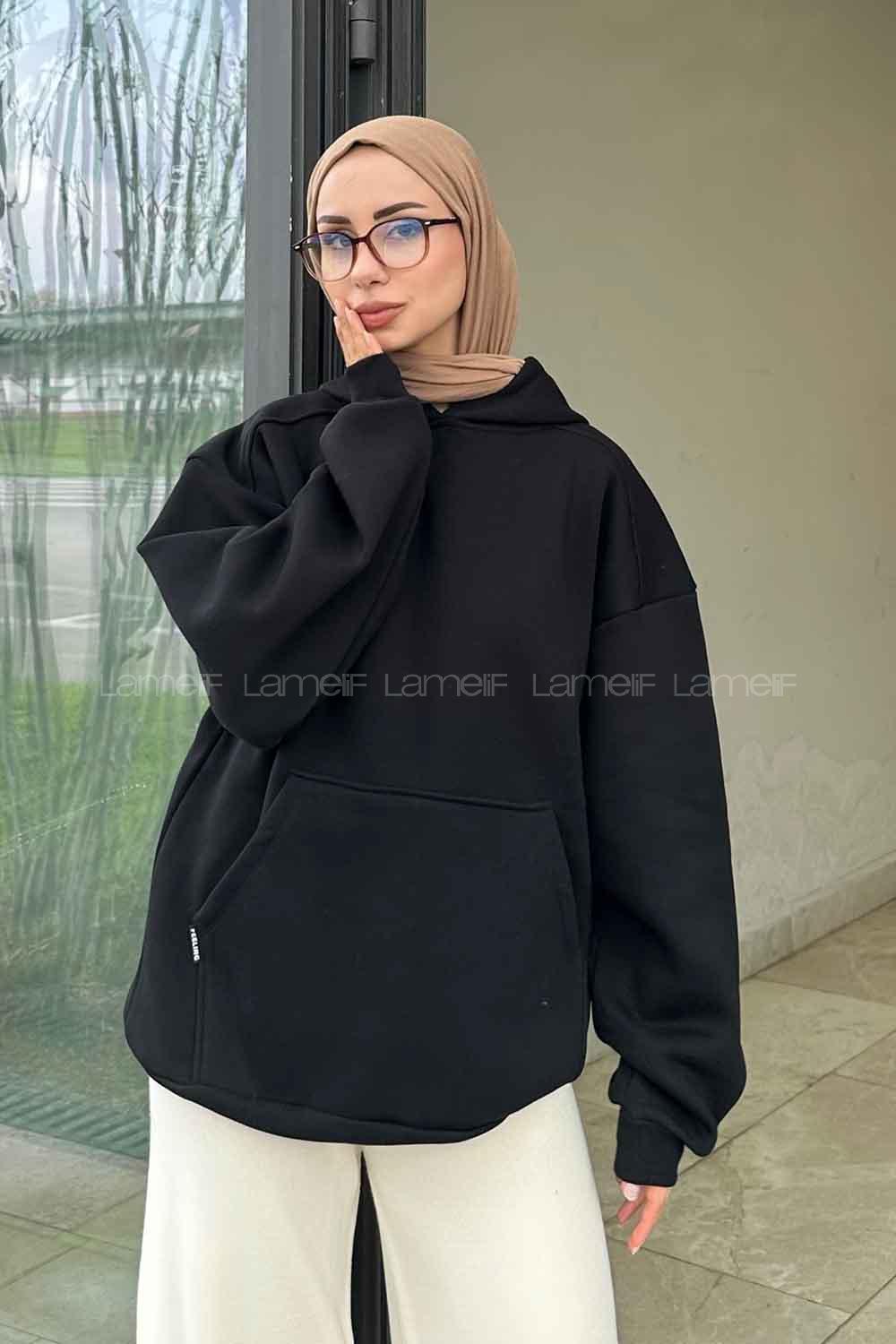 Lamelif Kapüşonlu Sweatshirt Siyah