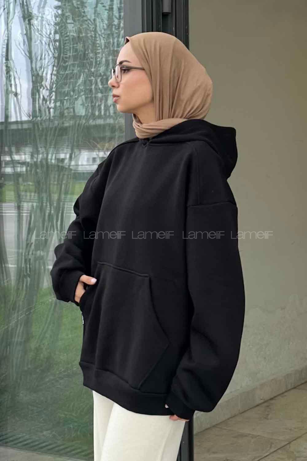 Lamelif Kapüşonlu Sweatshirt Siyah