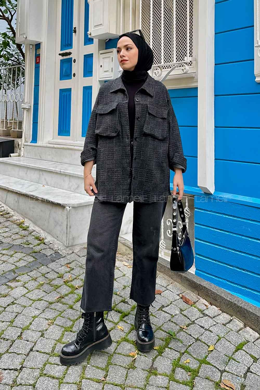 Lamelif Kareli Kapak Cep Detaylı Gömlek Antrasit