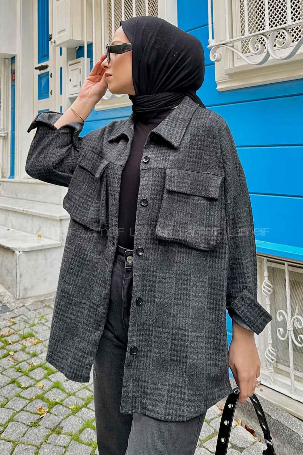 Lamelif Kareli Kapak Cep Detaylı Gömlek Antrasit