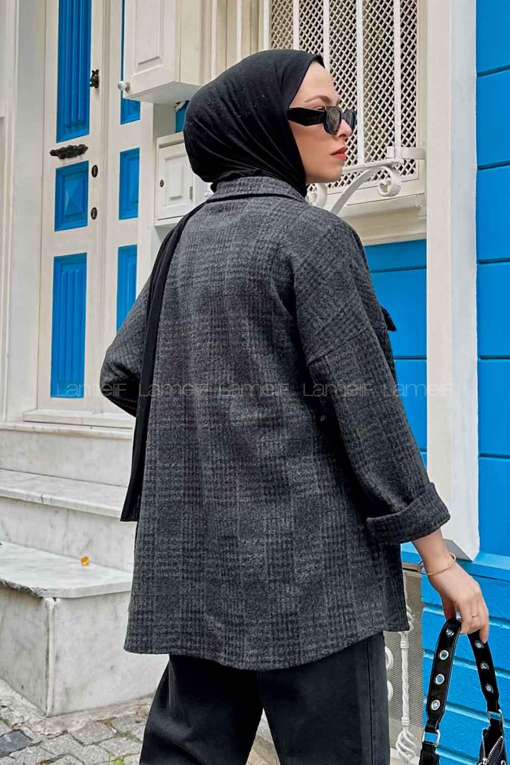 Lamelif Kareli Kapak Cep Detaylı Gömlek Antrasit
