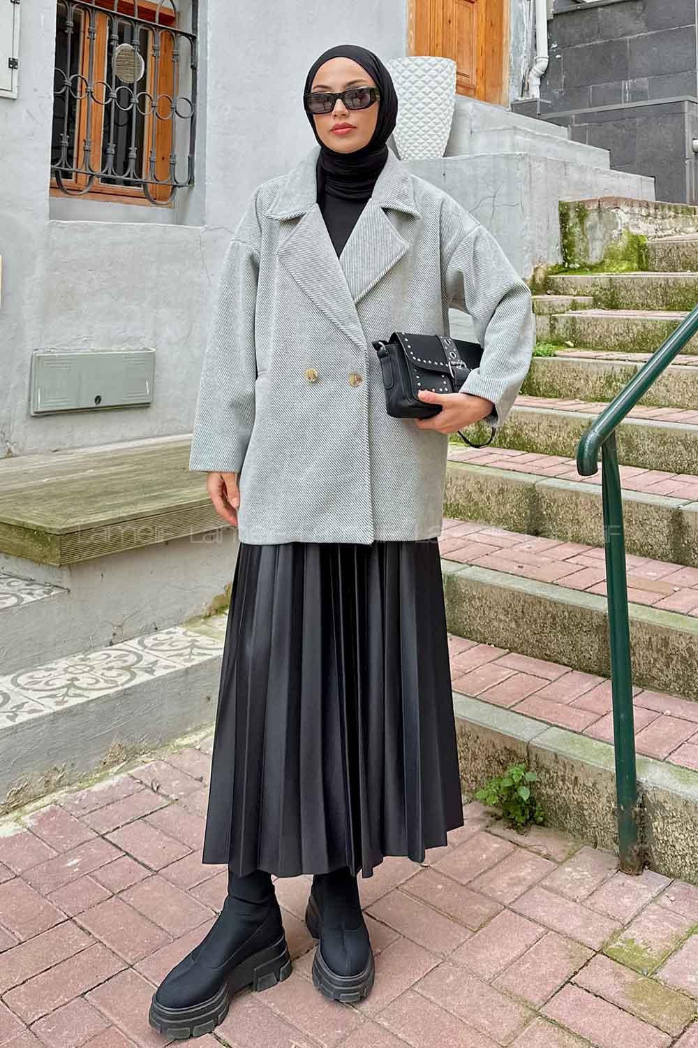 Gray Medium V Neck Long Arm Stamp Fabric Coat