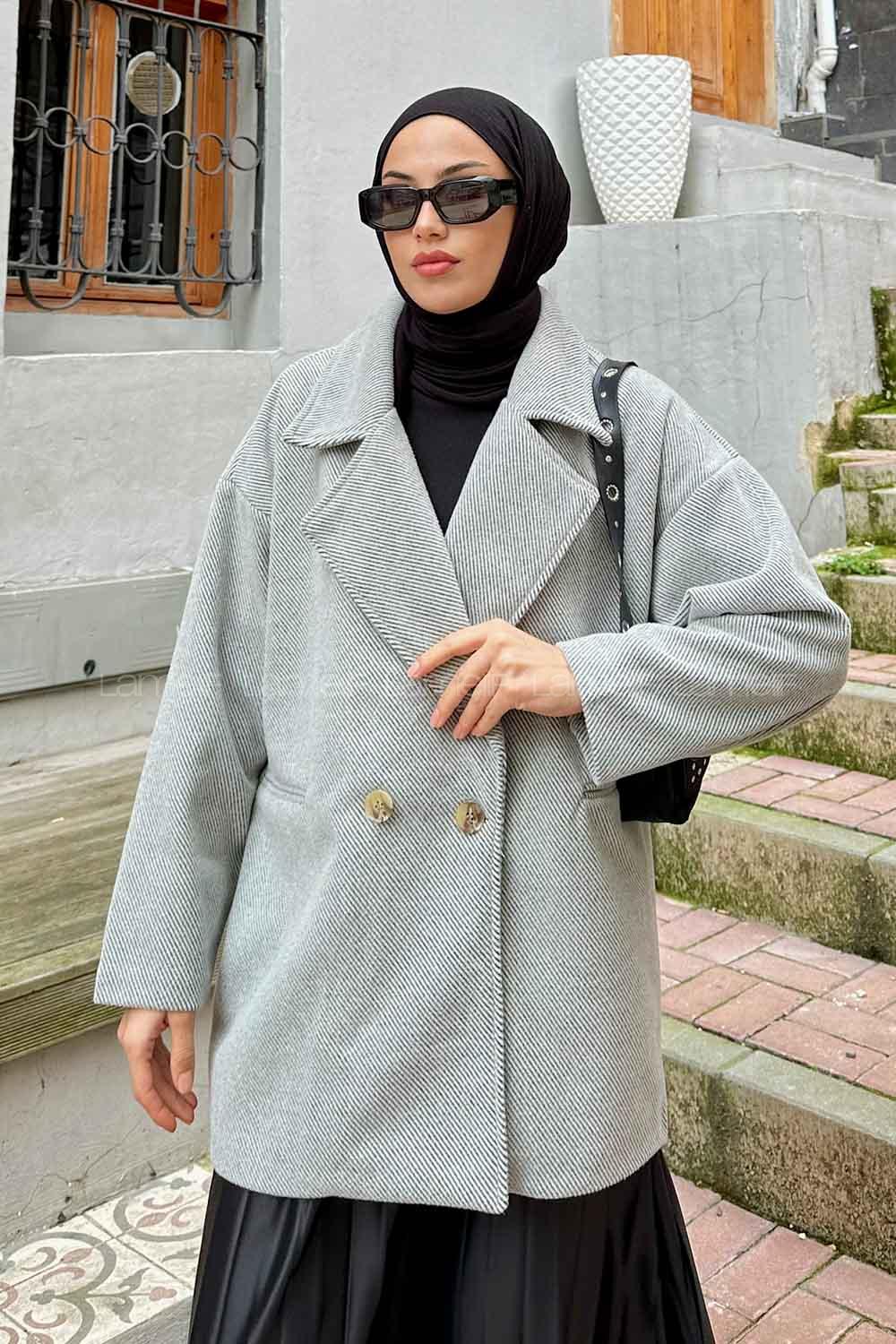 Gray Medium V Neck Long Arm Stamp Fabric Coat