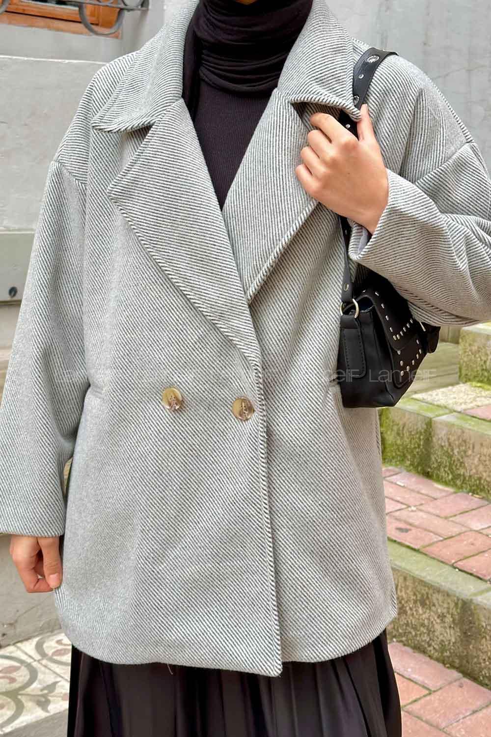 Gray Medium V Neck Long Arm Stamp Fabric Coat