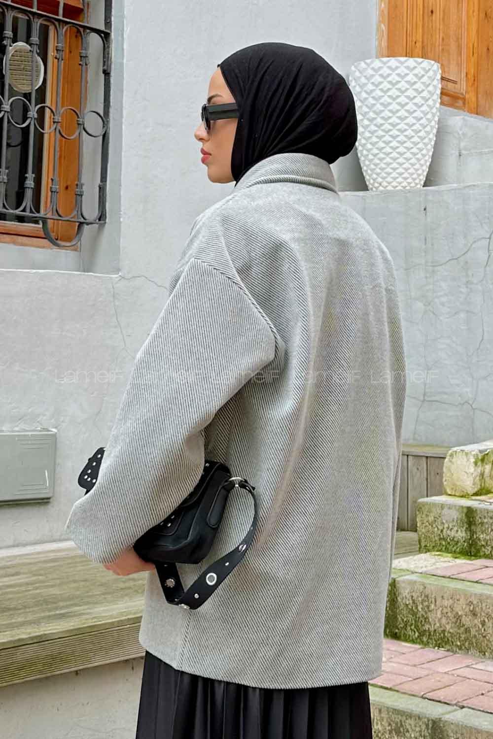 Gray Medium V Neck Long Arm Stamp Fabric Coat