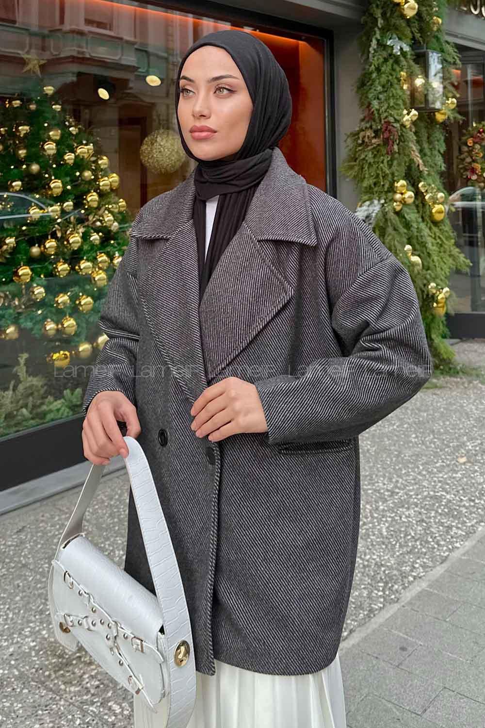 Black Medium V Neck Long Arm Stamp Fabric Coat