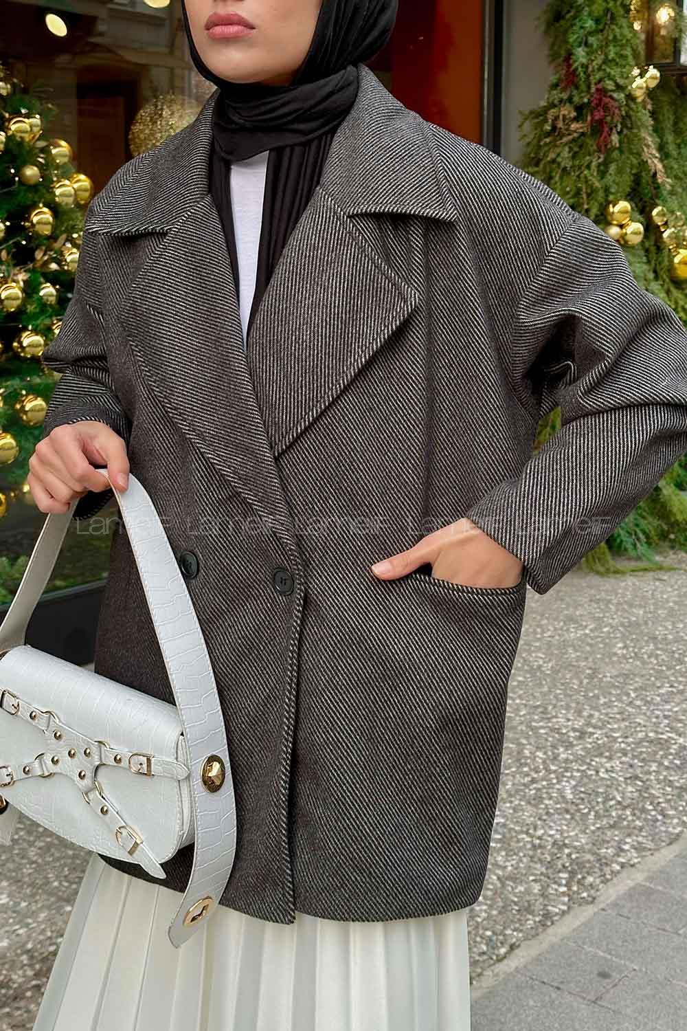 Black Medium V Neck Long Arm Stamp Fabric Coat