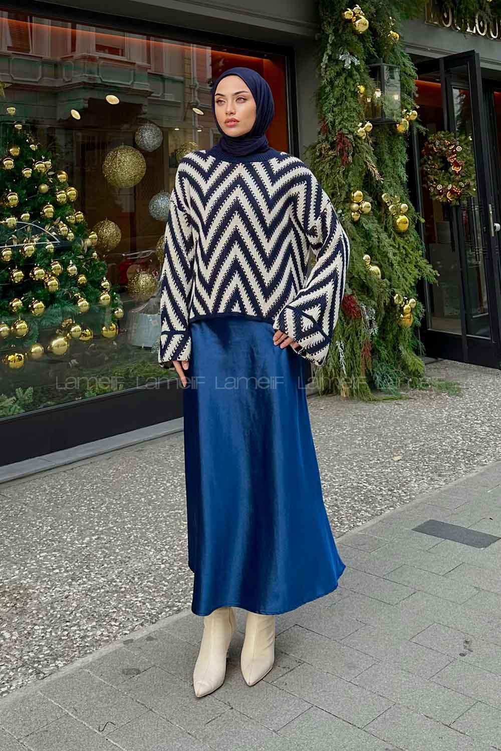 Lamelif Zikzak Desenli Kolu Katlamalı Kazak Lacivert