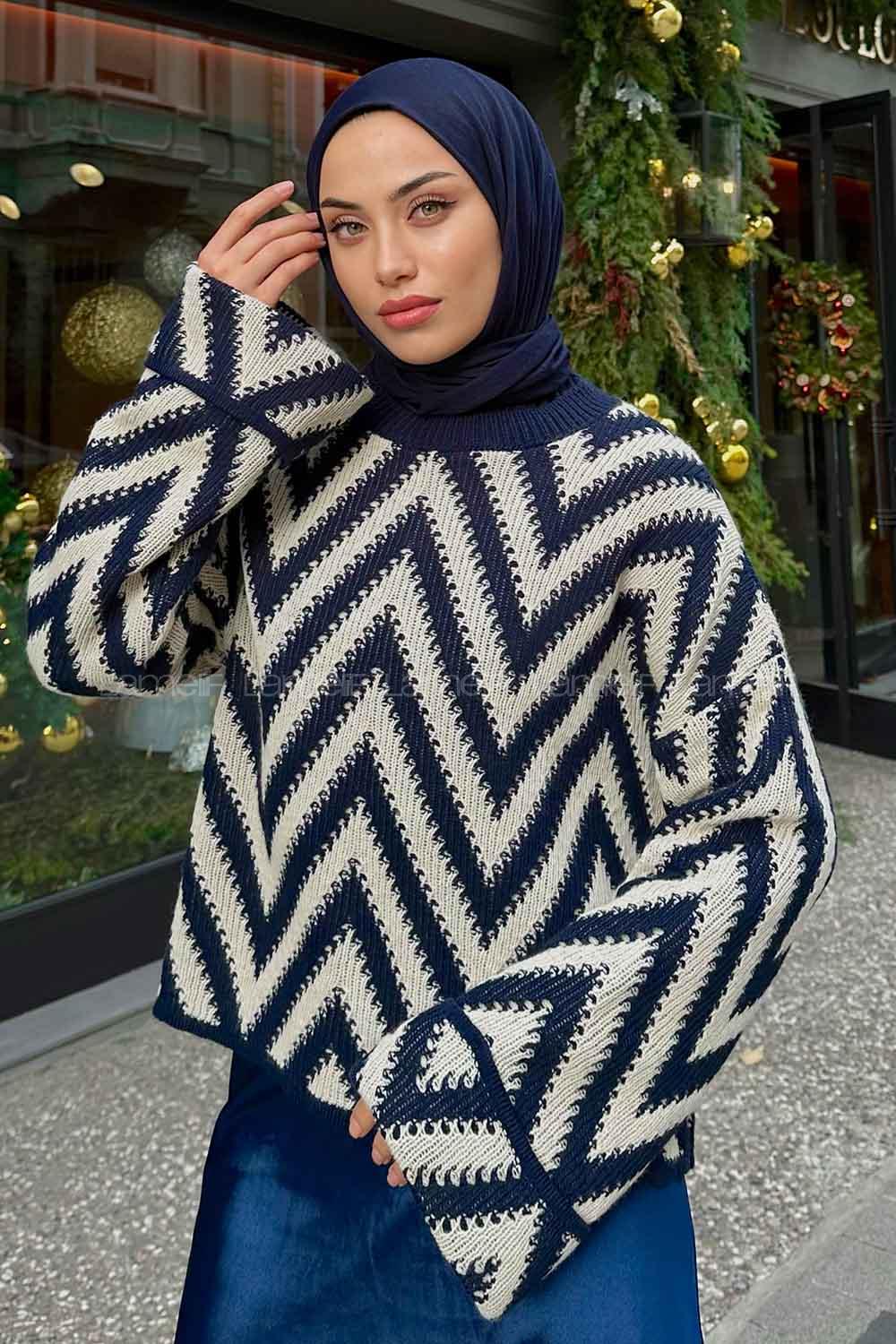 Lamelif Zikzak Desenli Kolu Katlamalı Kazak Lacivert