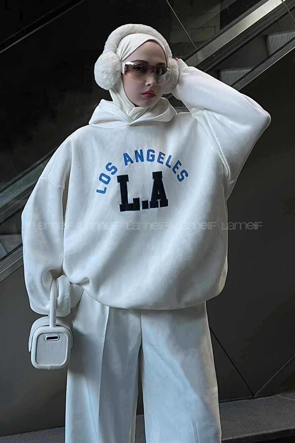 White Hood Neck Long Arm Printed Sweatshirt