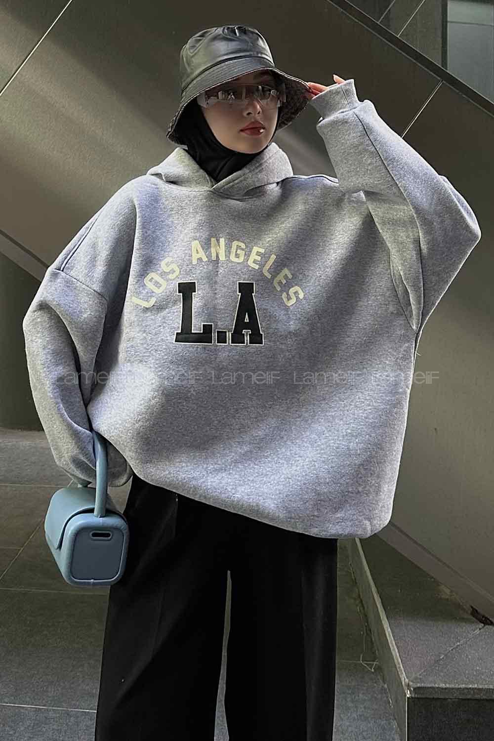 Lamelif Los Angeles Baskılı Oversize Sweatshirt Gri