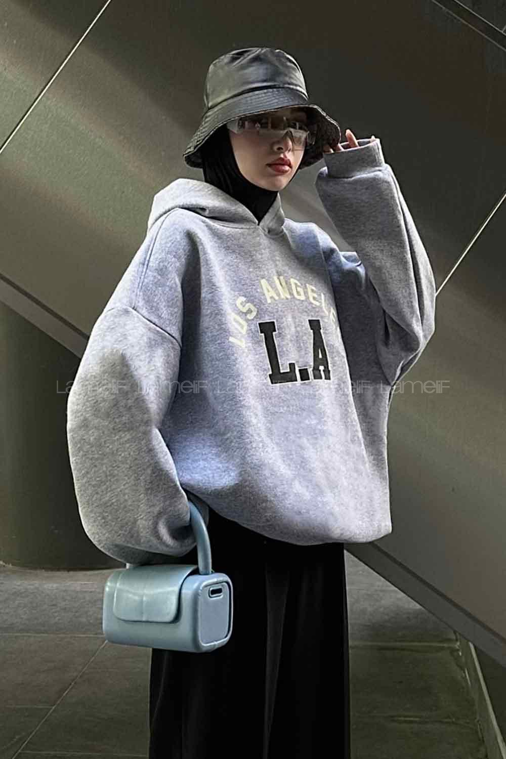 Lamelif Los Angeles Baskılı Oversize Sweatshirt Gri
