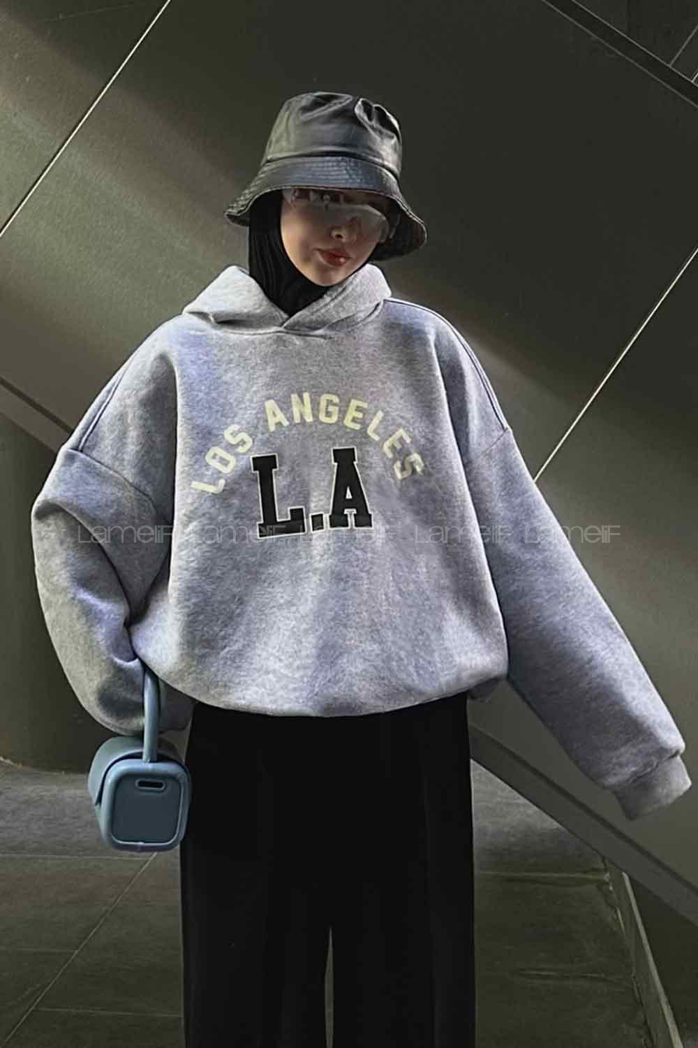 Lamelif Los Angeles Baskılı Oversize Sweatshirt Gri